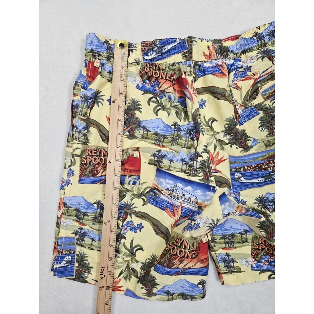 Vintage REYN SPOONER Pattern Ships Planes Palm Polyester Swim Shorts Men's Small